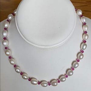 HIGH Luster White Pearls Fuchsia Swarovski Crystal - HAND KNOTTED